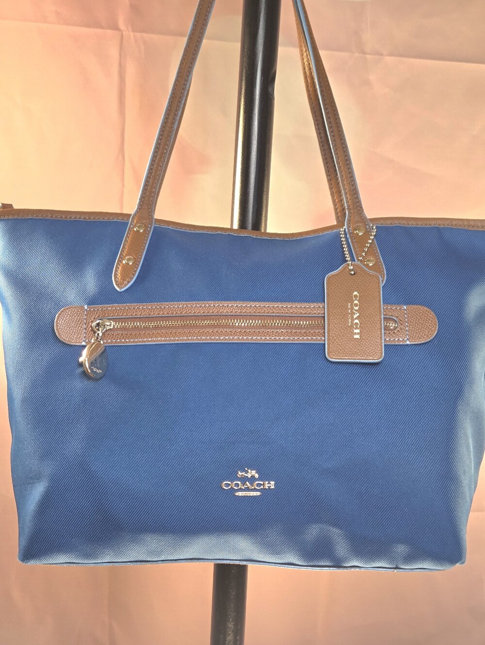 COACH BLUE Tote with Brown Leather Trim and Zip Pocket